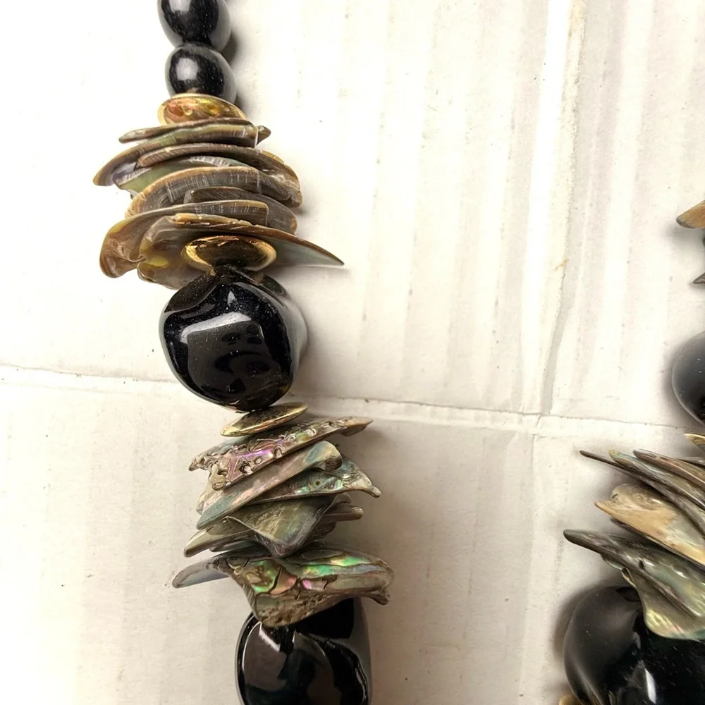 Handmade Abalone Shell Pendant‎ Necklace Black Beaded Beads 24” Beachy Boho